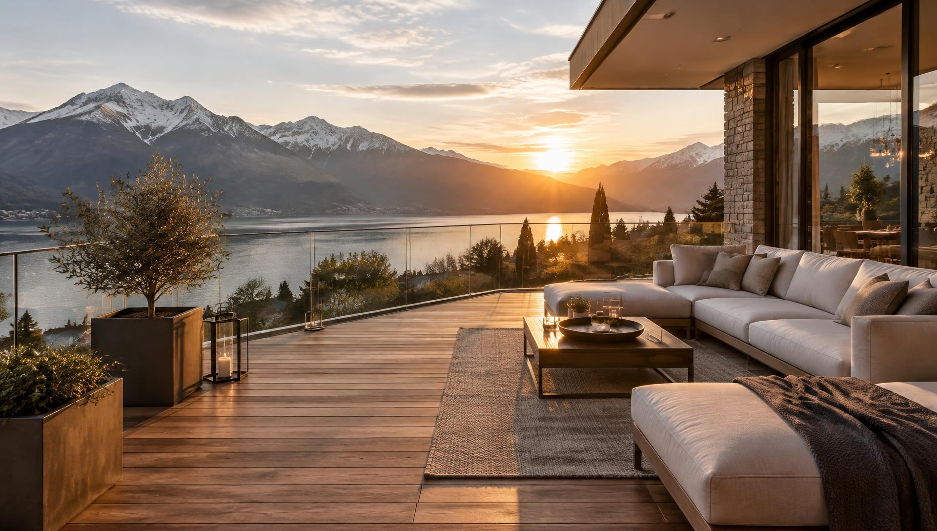 Terrassendeck aus Holz mit Lounge und Blick auf See und Berge